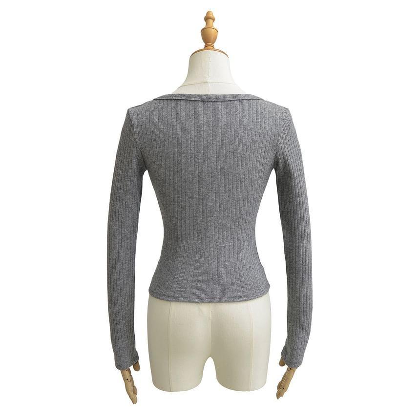 Long Sleeve Henley Plain Ribbed T-Shirt Product Image