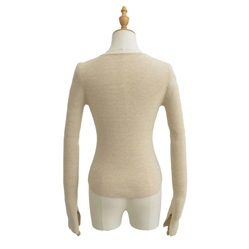 Long Sleeve Notch Neck Plain Knit Top Product Image