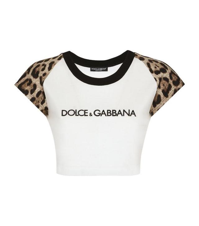 Leopard-print Stretch-cotton Cropped T-shirt In White Product Image