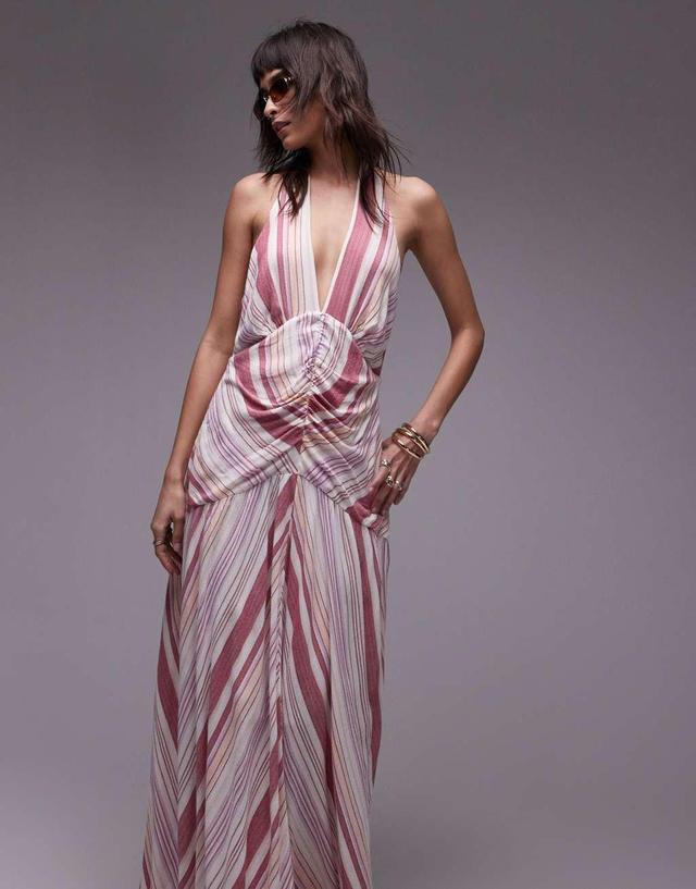 Topshop halterneck ruched front textured maxi dress in pink stripe Product Image