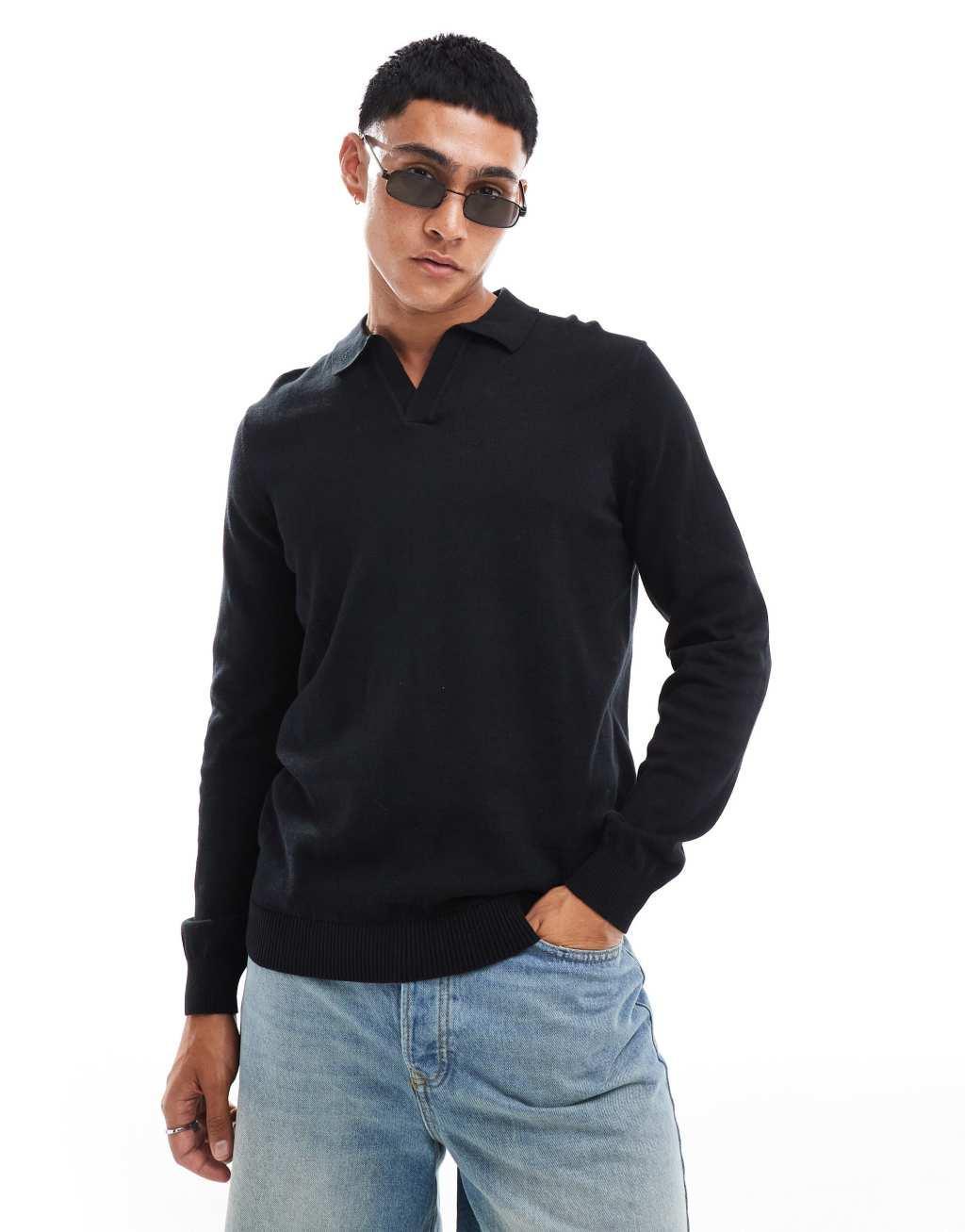 ASOS DESIGN essential knitted notch neck sweater in black Product Image