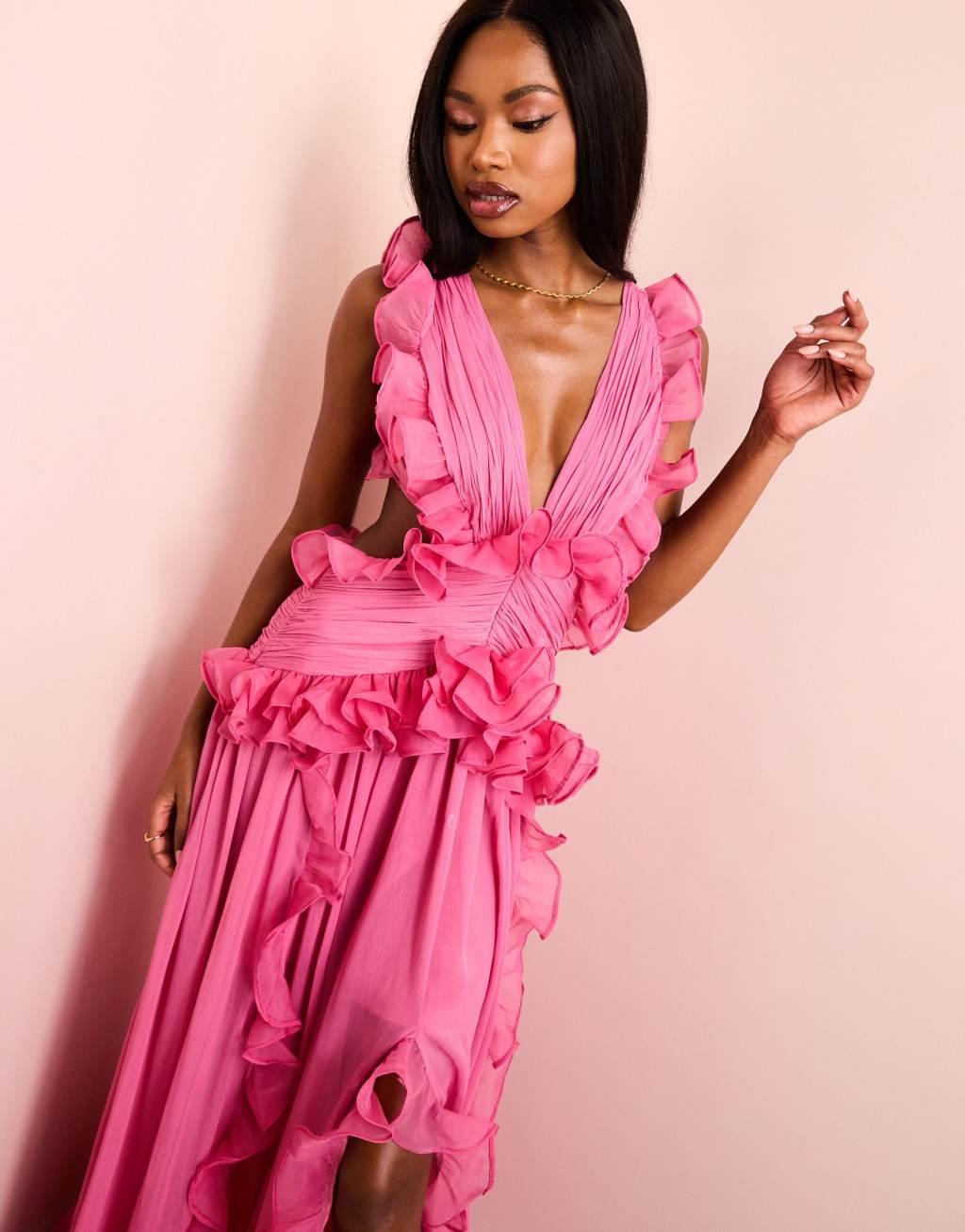 ASOS LUXE plunge maxi dress with ruched chiffon detail & open back in hot pink Product Image