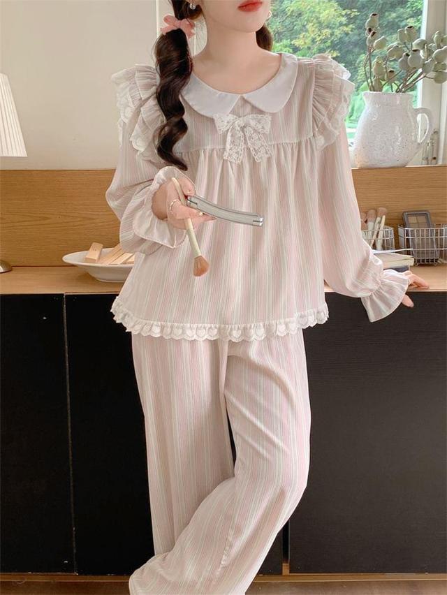 Pajama Set: Puff-Sleeve Striped Lace Trim Ruffle Bow Top + Pants Product Image