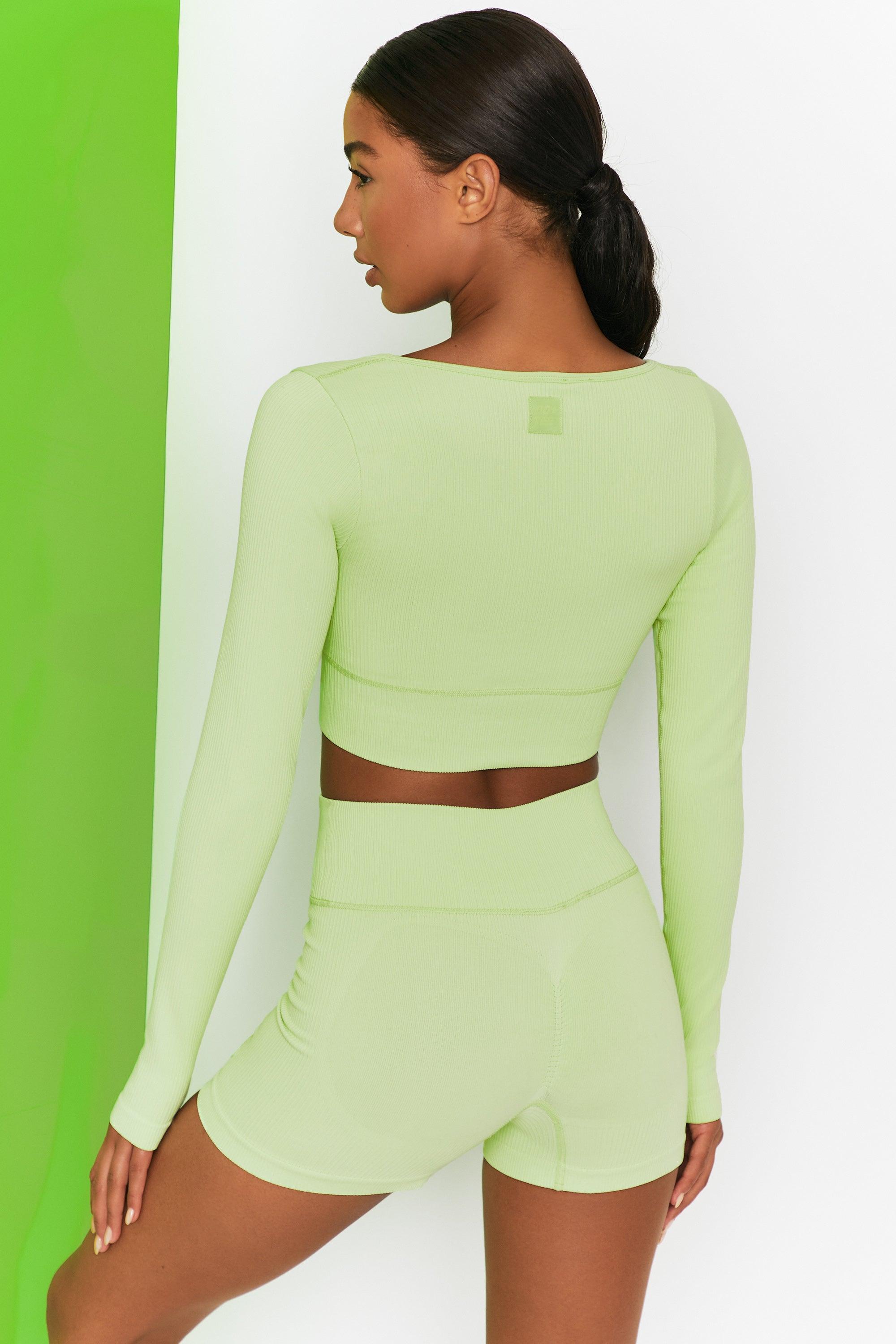 Time Check Ribbed Long Sleeve Crop Top in Lime Product Image