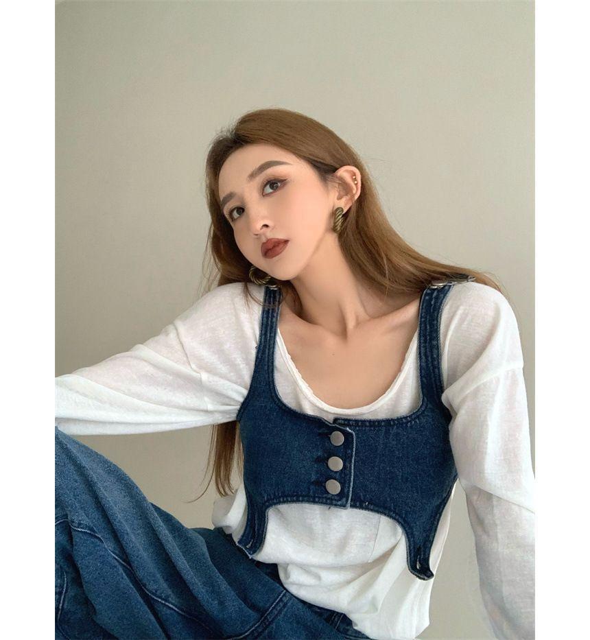 Denim Crop Button-Up Camisole Top / High Waist Washed Loose-Fit Jeans Product Image