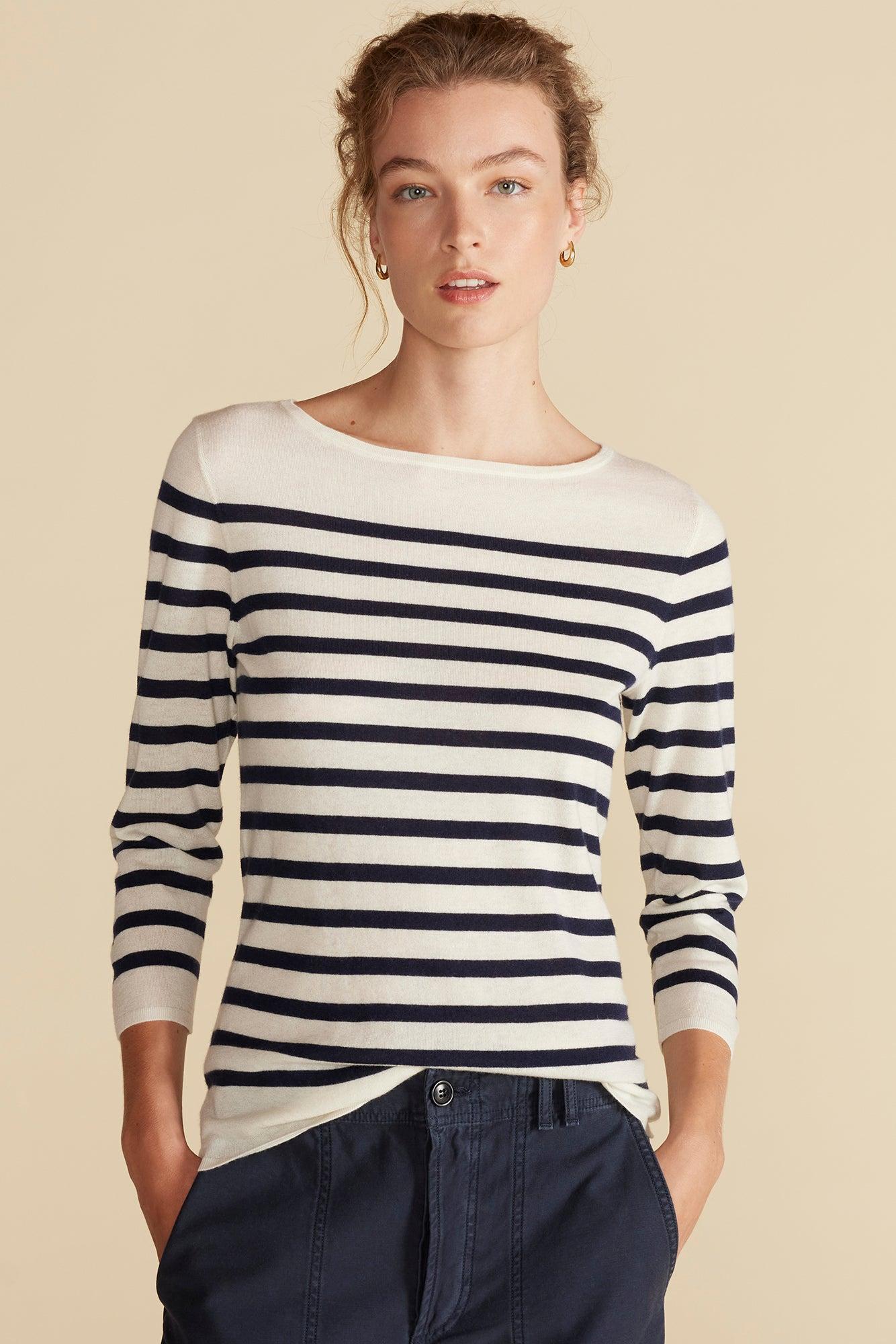 Fran Boatneck Striped Cashmere Sweater - Ivory and Navy Blue Stripe Product Image