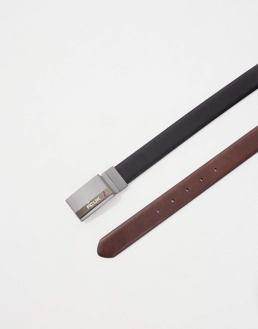 French Connection FCUK logo leather reversible belt in black & brown Product Image