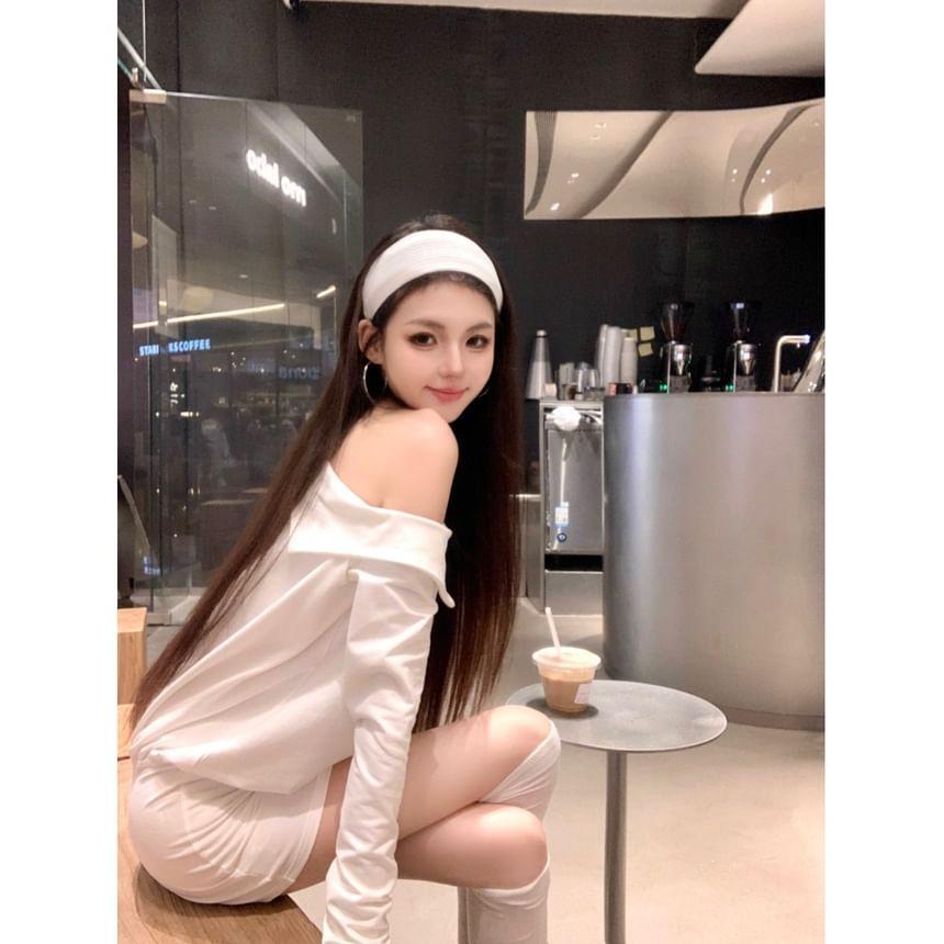 Long Sleeve One Shoulder Plain Mini Bodycon Dress Product Image