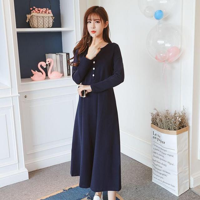 Maternity Long-Sleeve Crew Neck Plain Half-Buttoned Midi A-Line Dress Product Image