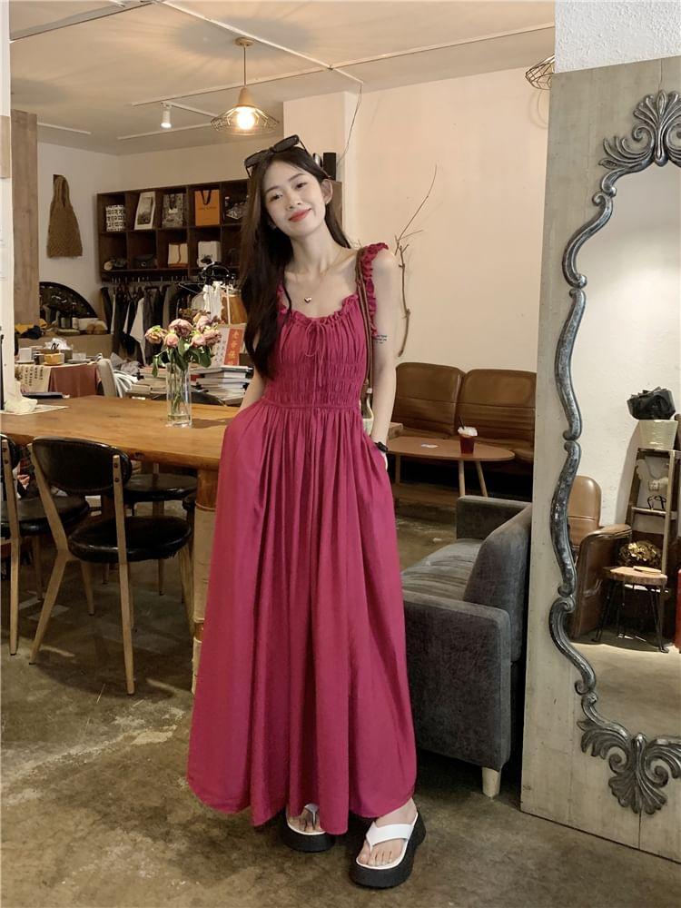 Ruffle Neckline Sleeveless Solid Maxi Dress Product Image