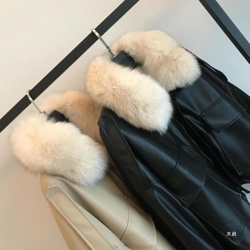 Plain Fluffy Trim Faux Leather Zip Jacket Product Image