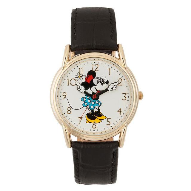 Disneys Minnie Mouse Womens Gold Tone Black Leather Watch Product Image