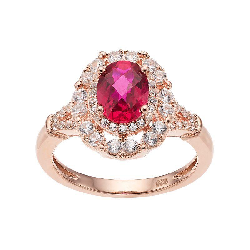 14k Rose Gold Over Silver Lab-Created Ruby & White Sapphire Oval Halo Ring, Womens Pink Tone Product Image