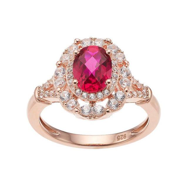 14k Rose Gold Over Silver Lab-Created Ruby & White Sapphire Oval Halo Ring, Womens Red Product Image