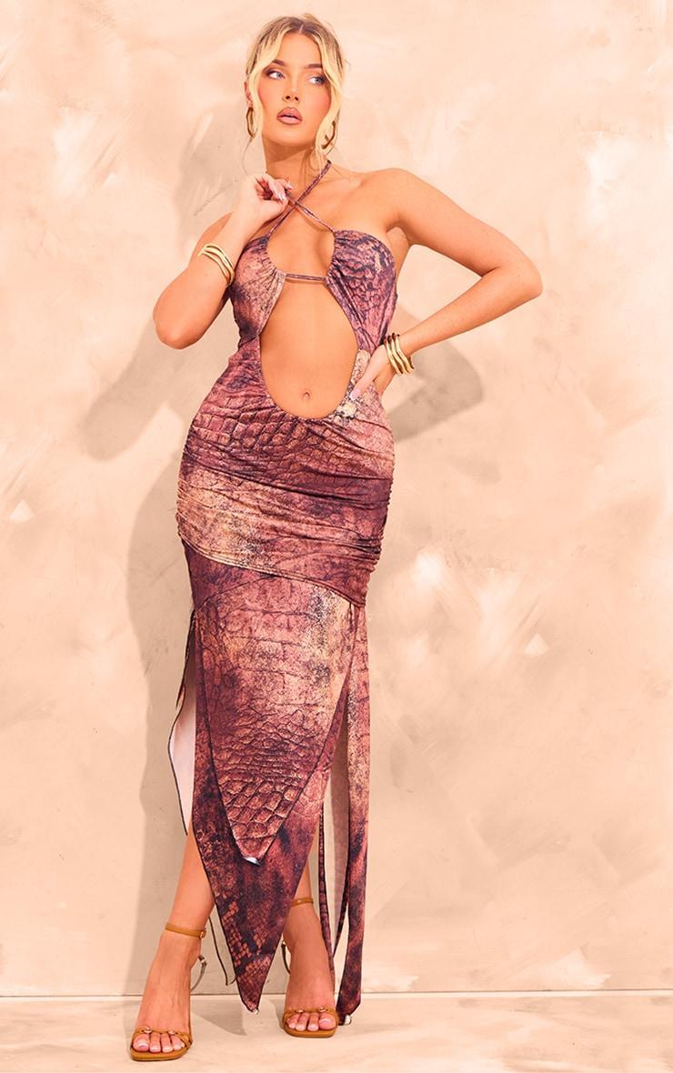 Brown Abstract Printed Slinky Halterneck Cut Out Maxi Dress Product Image