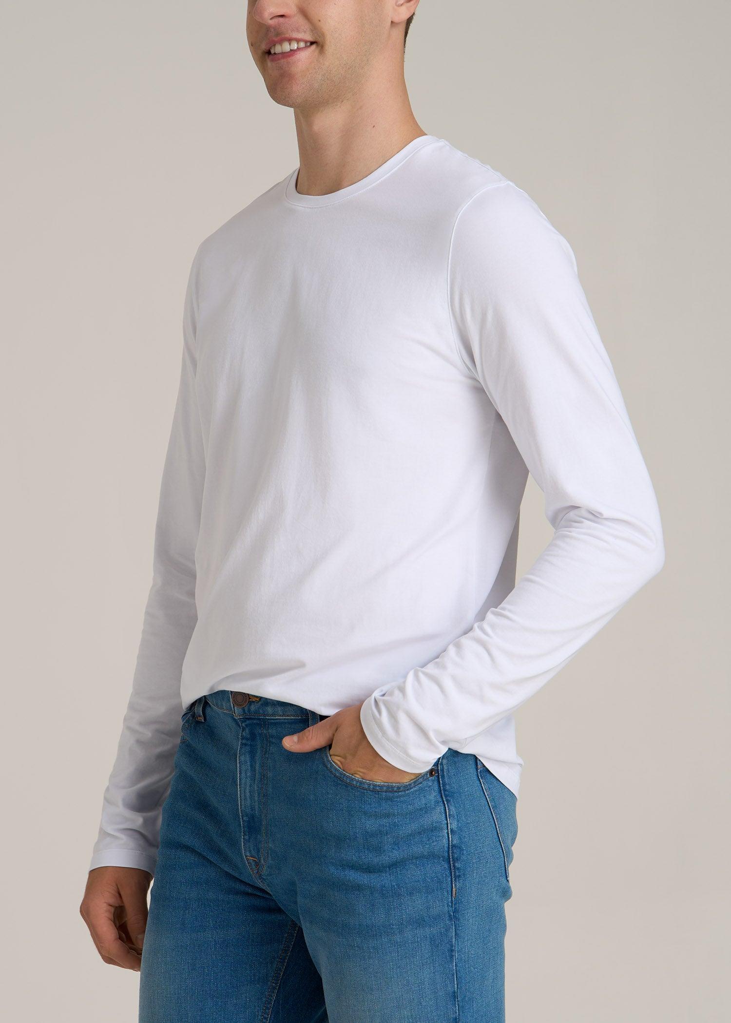 MODERN-FIT Stretch Cotton Long Sleeve Tall Men's Tee in White Male Product Image