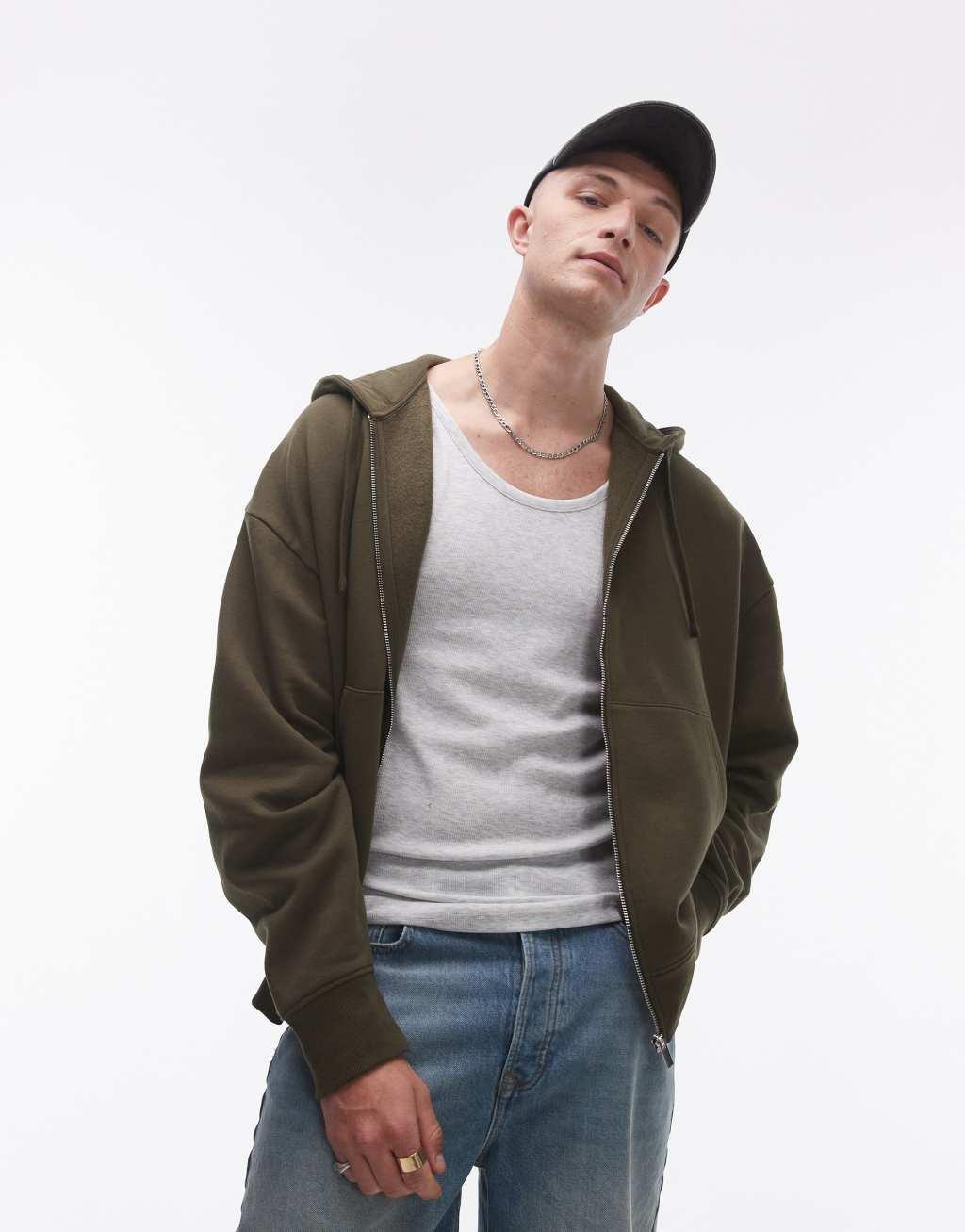 Topman oversized fit full zip hoodie in khaki Product Image