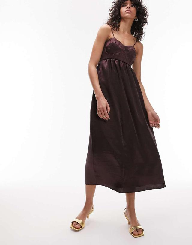 Topshop corset bust satin midi dress in chocolate Product Image