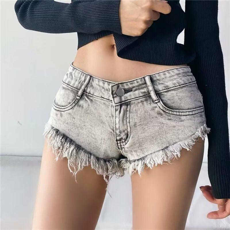 Low Rise Washed Frayed Denim Hot Pants Product Image