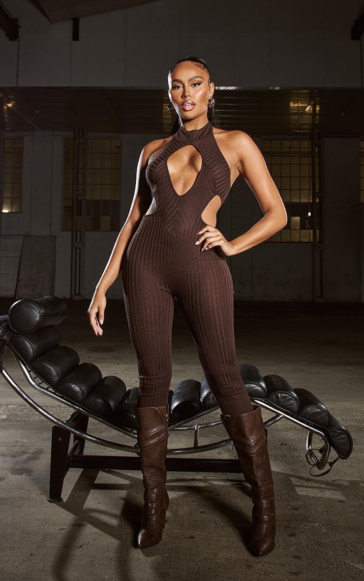 Chocolate Knitted Cut Out Jumpsuit Product Image