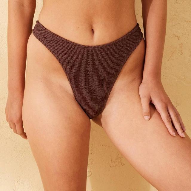 Womens Pucker Textured Mid-Rise Ultra High Leg Super Cheeky Bikini Bottom - Wild Fable Brown L Product Image