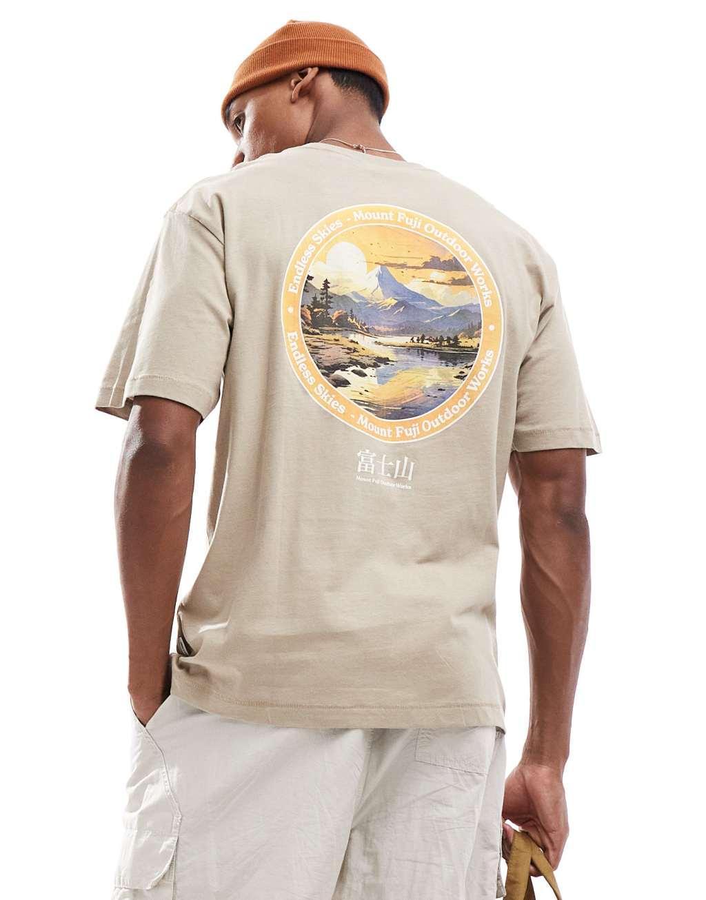 ONLY & SONS oversize t-shirt with Mount Fuji back print in beige Product Image