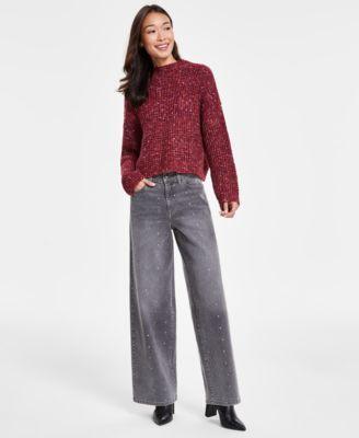 Dkny Jeans Womens Mock Neck Boxy Pullover Sweater High Rise Flat Stud Wide Leg Jeans Product Image