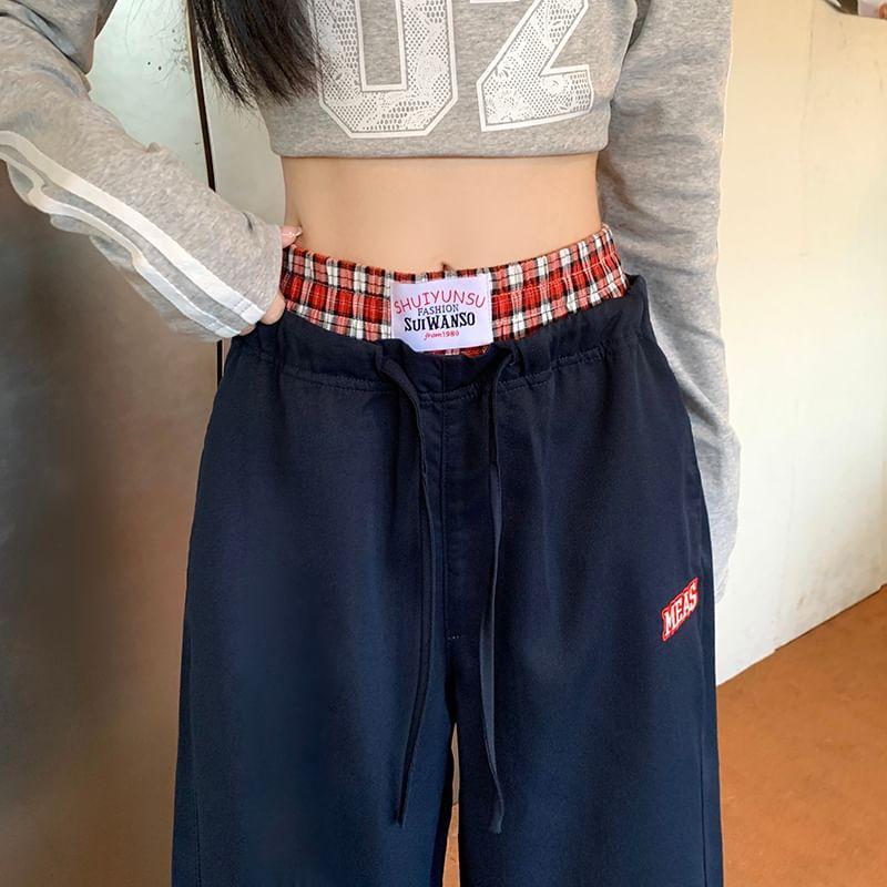 Mid Rise Plaid Trim Wide Leg Pants Product Image