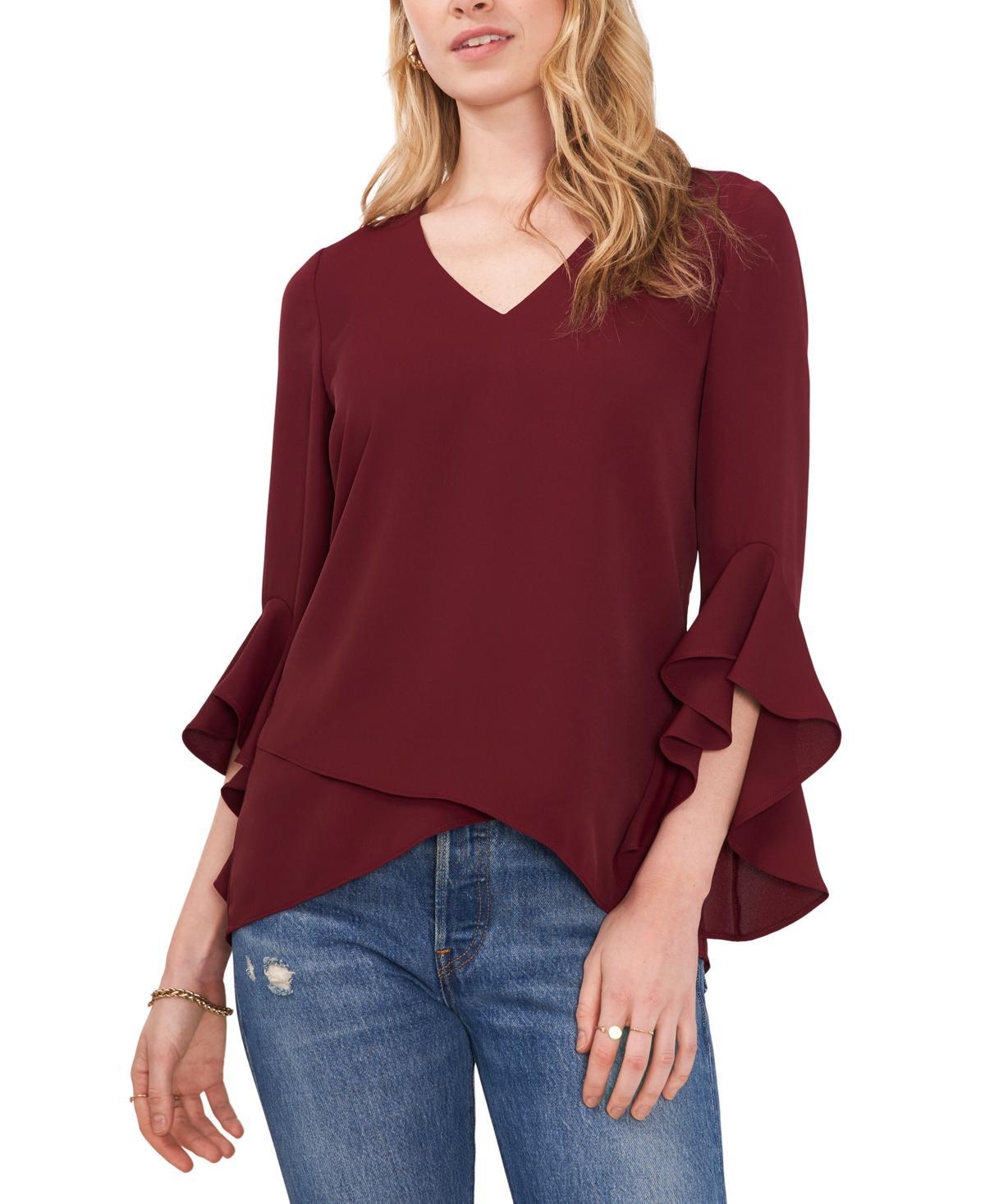 Vince Camuto Womens Printed V-Neck 3/4-Flutter Sleeve Blouse Product Image