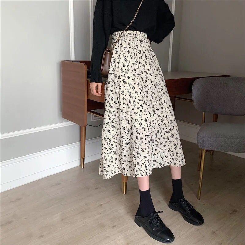 Elastic Waist Floral Print Midi A-Line Skirt Product Image