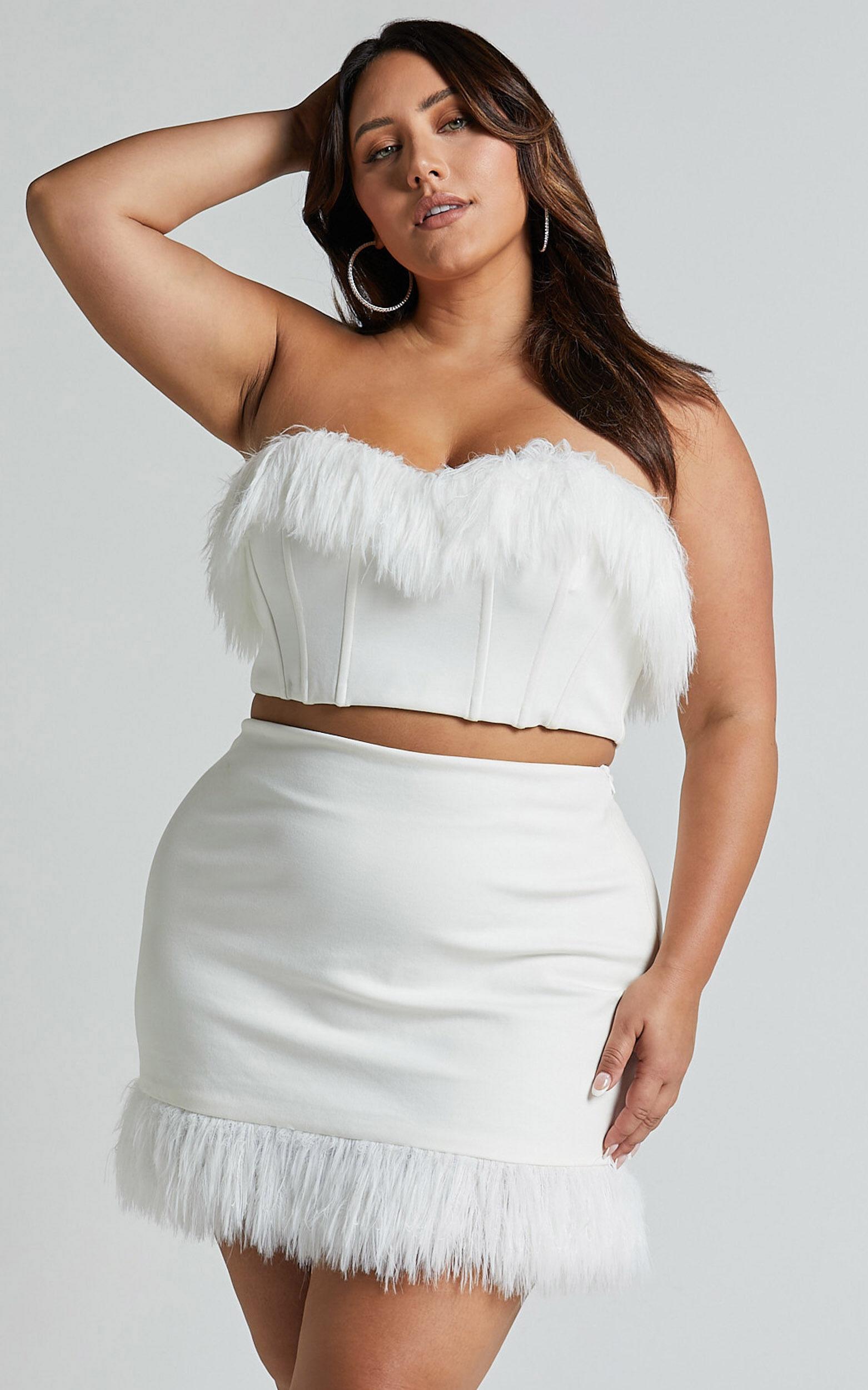 Rhaiza Top - Faux Feather Trim Strapless Sweetheart Crop Top in White Product Image