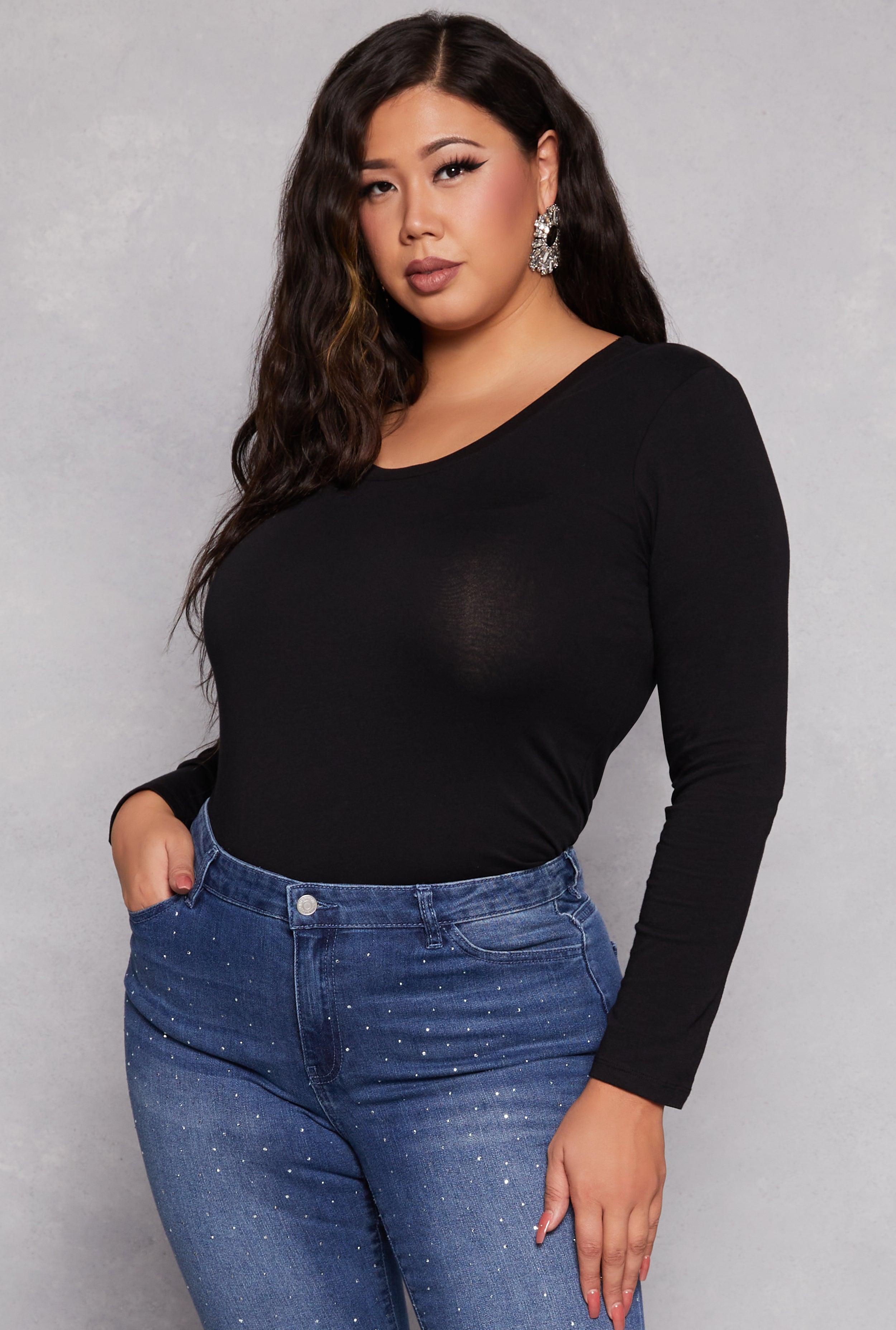 Womens Plus Size Basic Scoop Neck Long Sleeve T Shirt Product Image