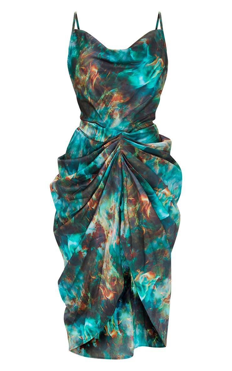 Green Print Satin Strappy Cowl Neck Side Gathered Midi Dress Product Image