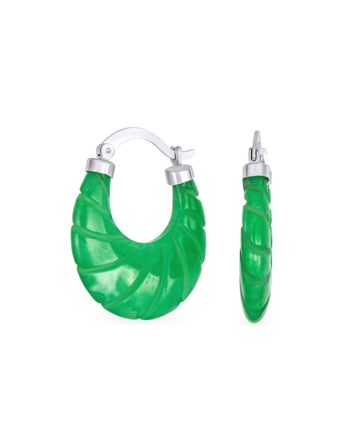 Bling Jewelry Scallop Green Jade Carved Shell Shrimp Oval Green Natural Jade Hoop Earrings For Women Sterling Silver 1.2 Inch Diameter Product Image