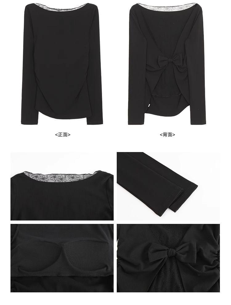 Long Sleeve Boat Neck Plain Bow Panel Lace Top Product Image