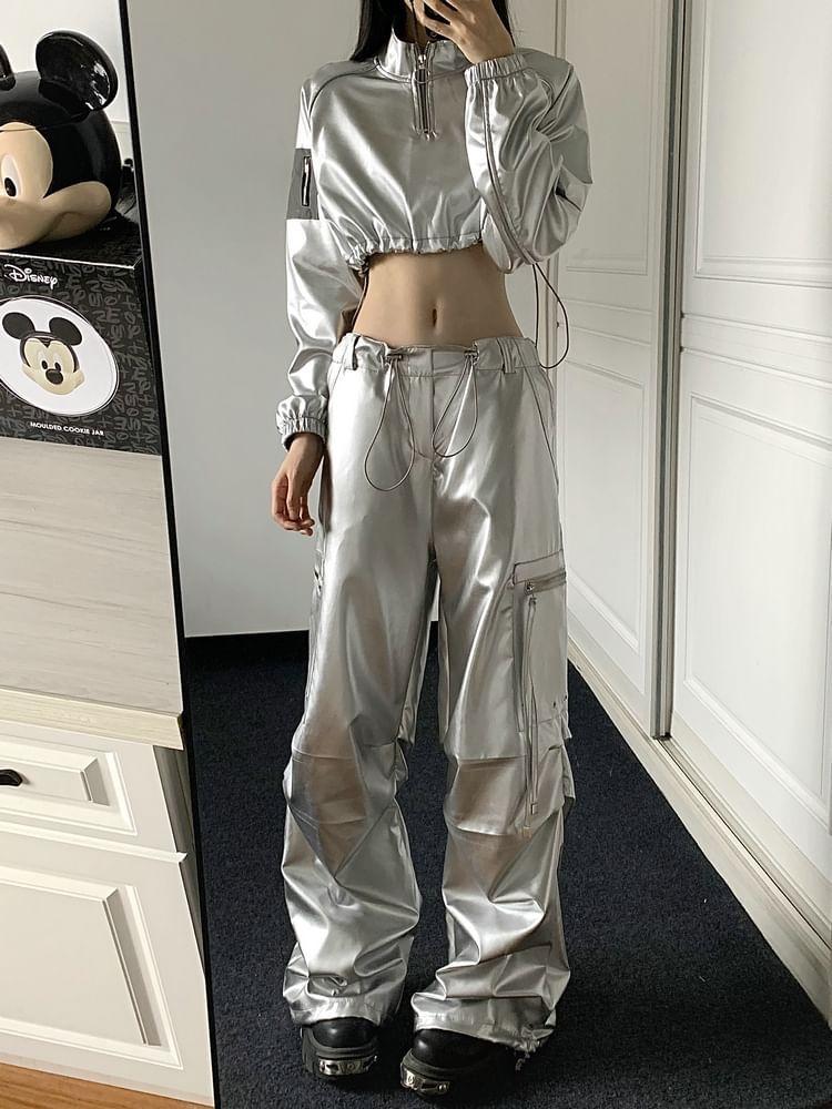 Long-Sleeve Mock Neck Drawstring Hem Half-Zip Cropped Sweatshirt / High Waist Wide Leg Pants / Set Product Image