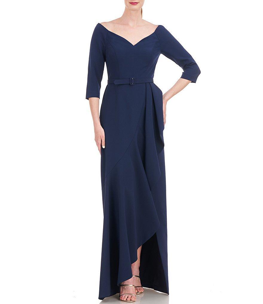 Kay Unger Stretch Crepe Sweetheart Portrait Neckline 3/4 Sleeve Ruffle Gown Product Image