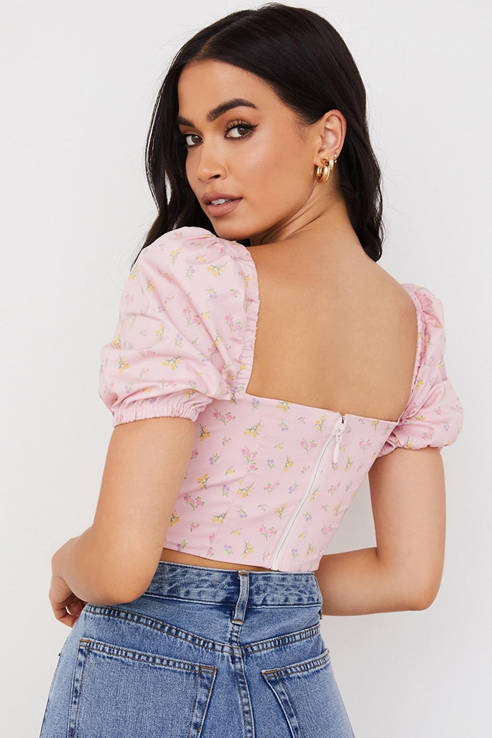 Arianna Pink Floral Puff Sleeve Corset Product Image