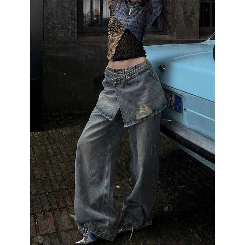 Low Rise Mock Two Piece Washed Distressed Loose-Fit Wide-Leg Jeans Product Image