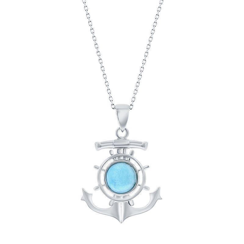 Sterling Silver Larimar Anchor Ship Wheel Pendant Necklace, Womens Blue Product Image