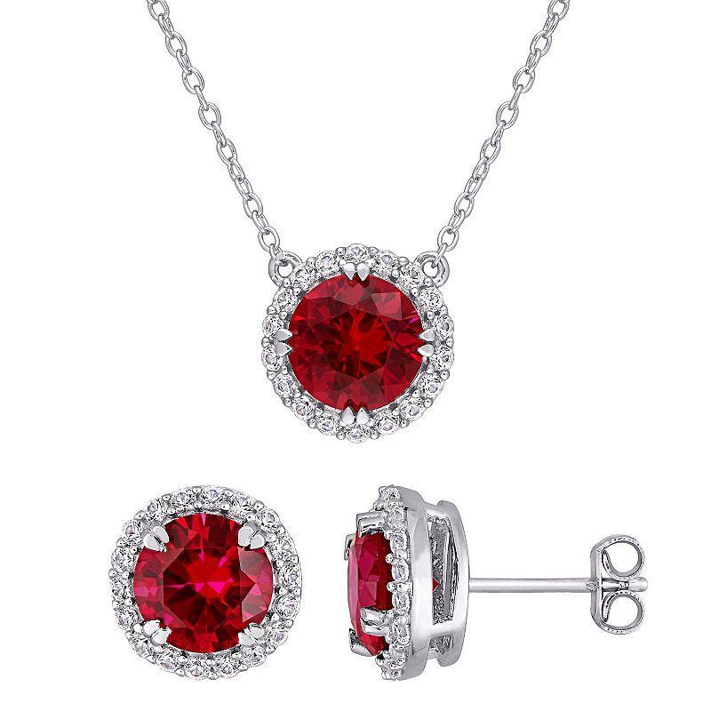 Stella Grace Sterling Silver Lab-Created Ruby & Lab-Created White Sapphire Halo Earring & Pendant Necklace Set, Womens Red Product Image