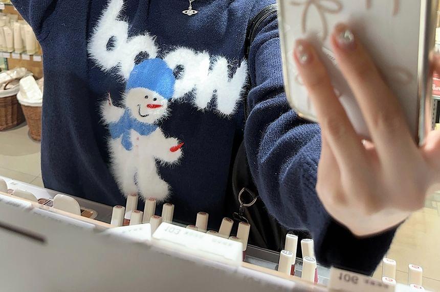 Round Neck Snowman Print Lettering Sweater Product Image