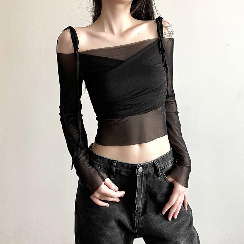 Long Sleeve Tie-Strap Off-Shoulder Plain Mesh  Crop Top Product Image