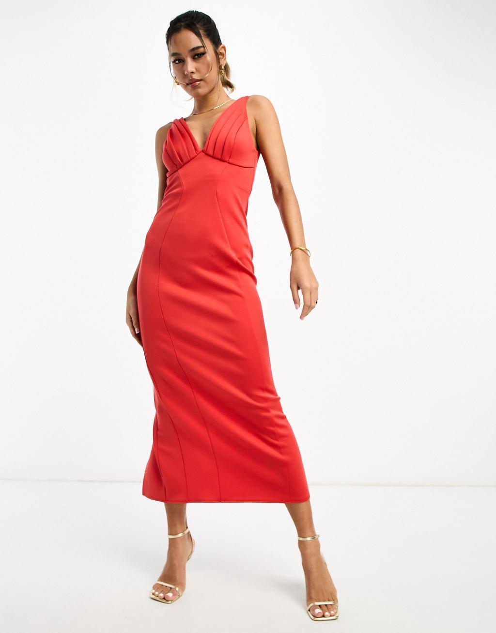 ASOS DESIGN pleated bust bodycon midi dress in red Product Image