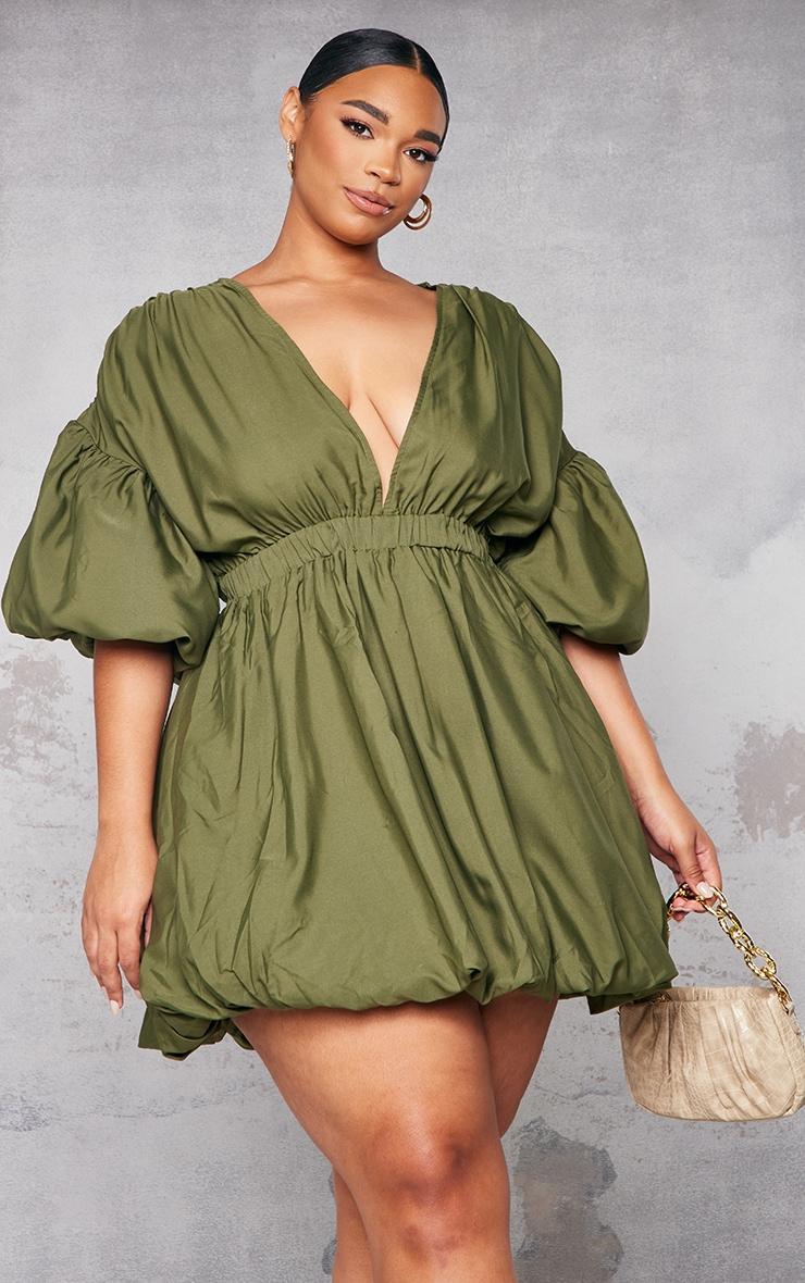 Plus Khaki Puff Sleeve Puffball Hem Dress Product Image