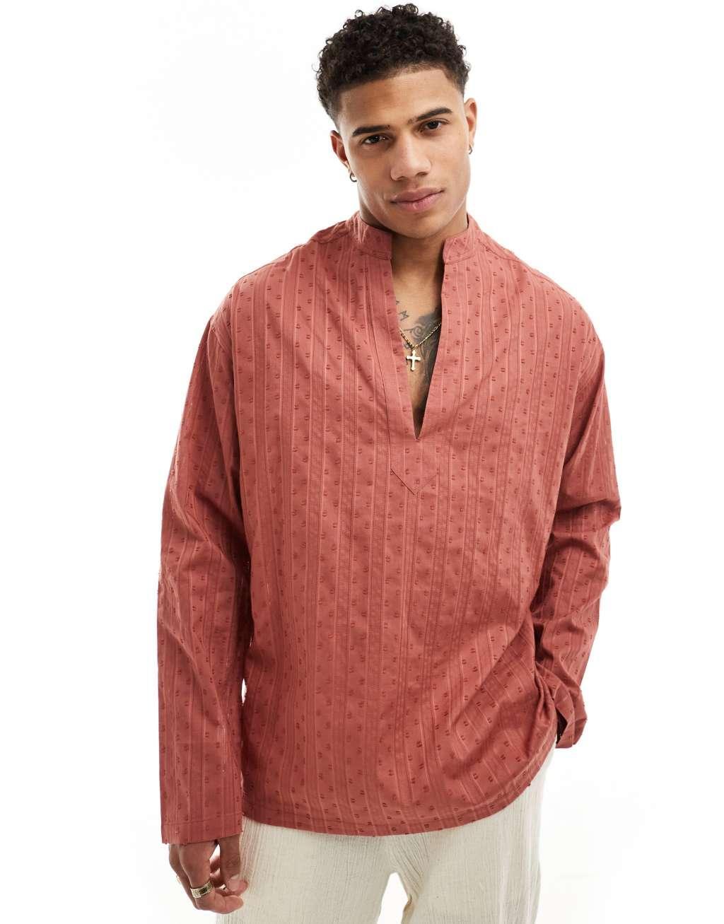 ASOS DESIGN 90s overhead cotton jacquard shirt in rust brown Product Image