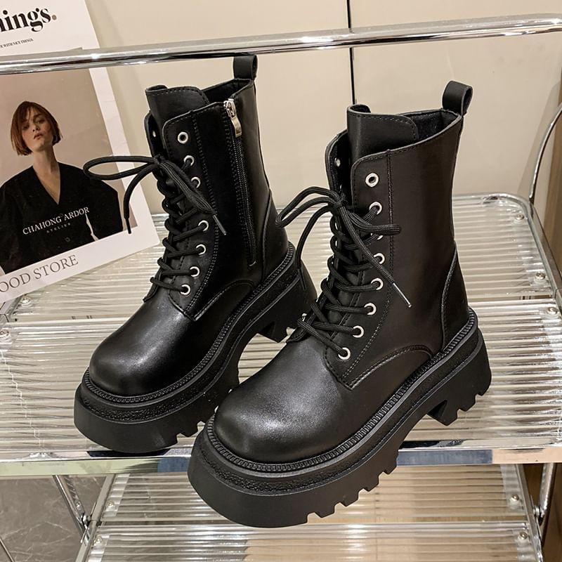 Platform Plain Lace-Up Short Boots Product Image