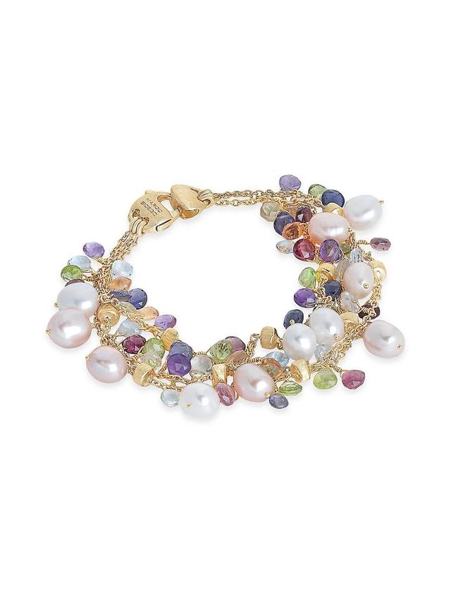 Womens Paradise 18K-Yellow-Gold, Pearl, and Mixed-Gemstone Three-Strand Bracelet Product Image