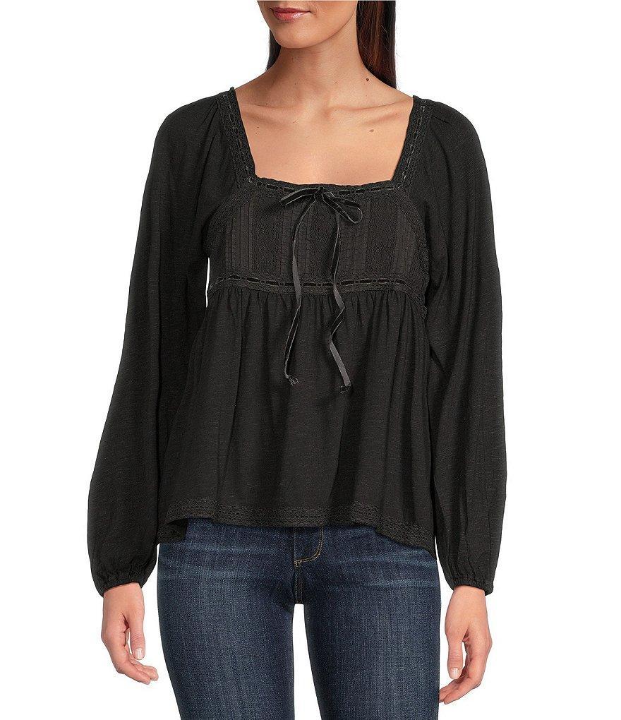 Lucky Brand Lace Paneled Square Tie Neck Long Sleeve Tunic Tee Product Image