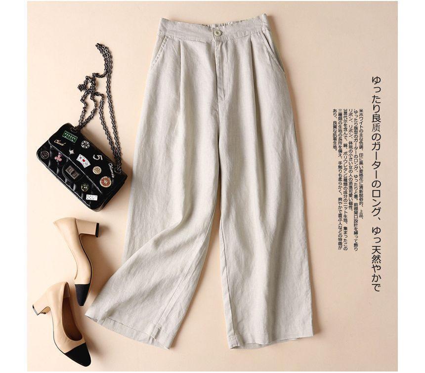 Elastic Waist Plain Linen Crop Wide Leg Pants Product Image